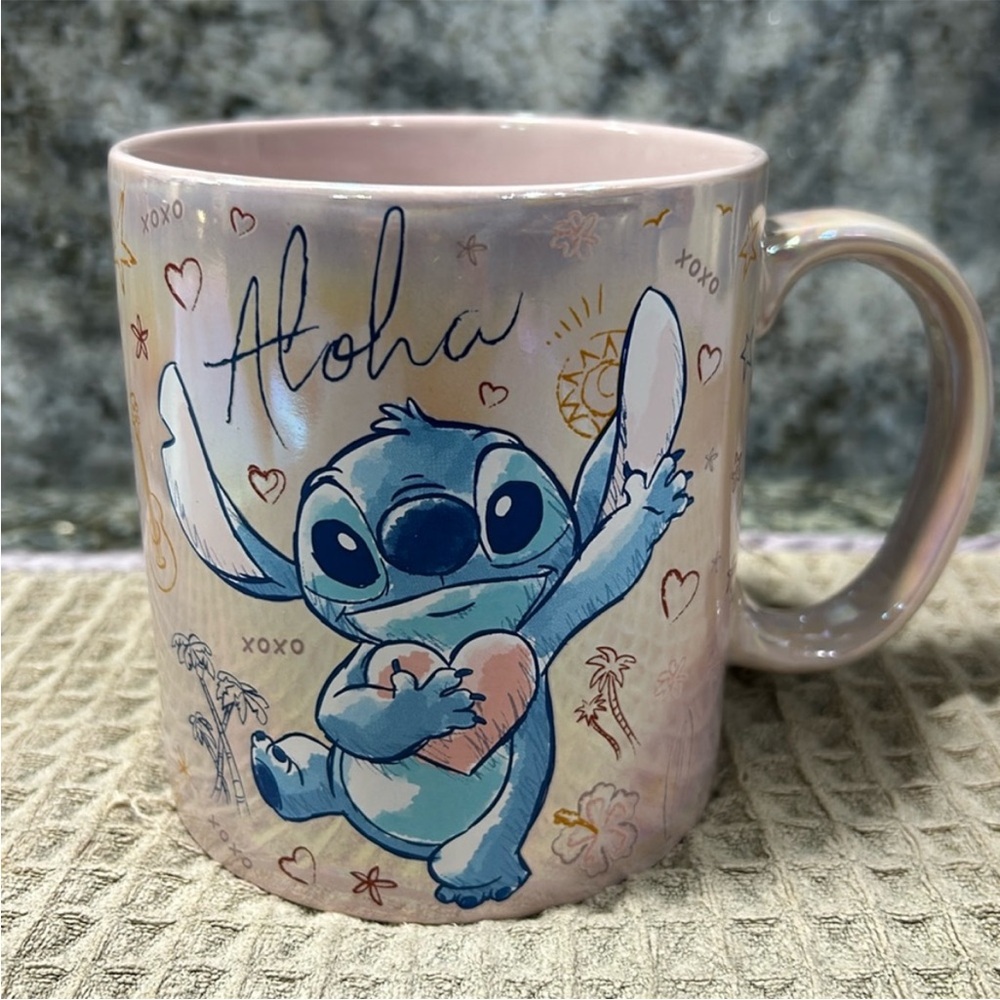 NWT Disney Stitch Aloha Mug Pink Iridescent Coffee Cup